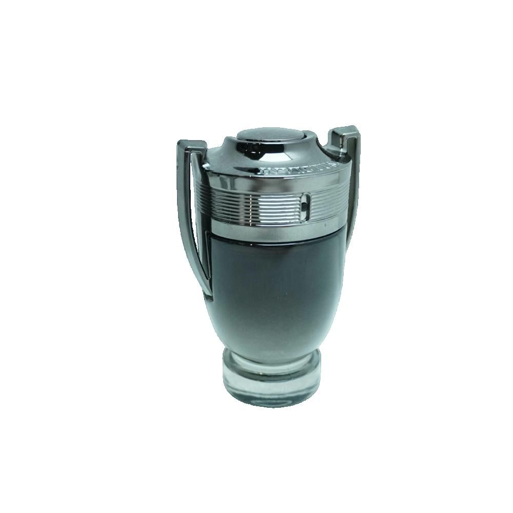 Dunkelgrauer Flakon in Pokalform mit silberfarbenen Elementen. Der Deckel ist rund und silberfarben.