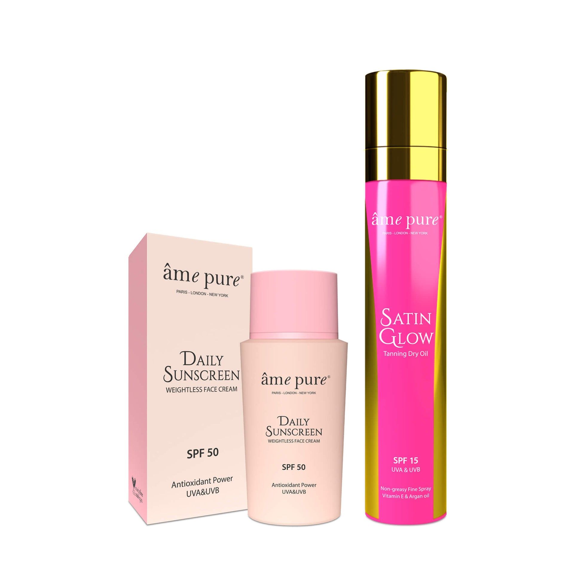 Set mit Sonnenschutz für Gesicht und Körper: Tages-Sonnenschutz SPF 50 und Satin Glow Bräunungsöl.