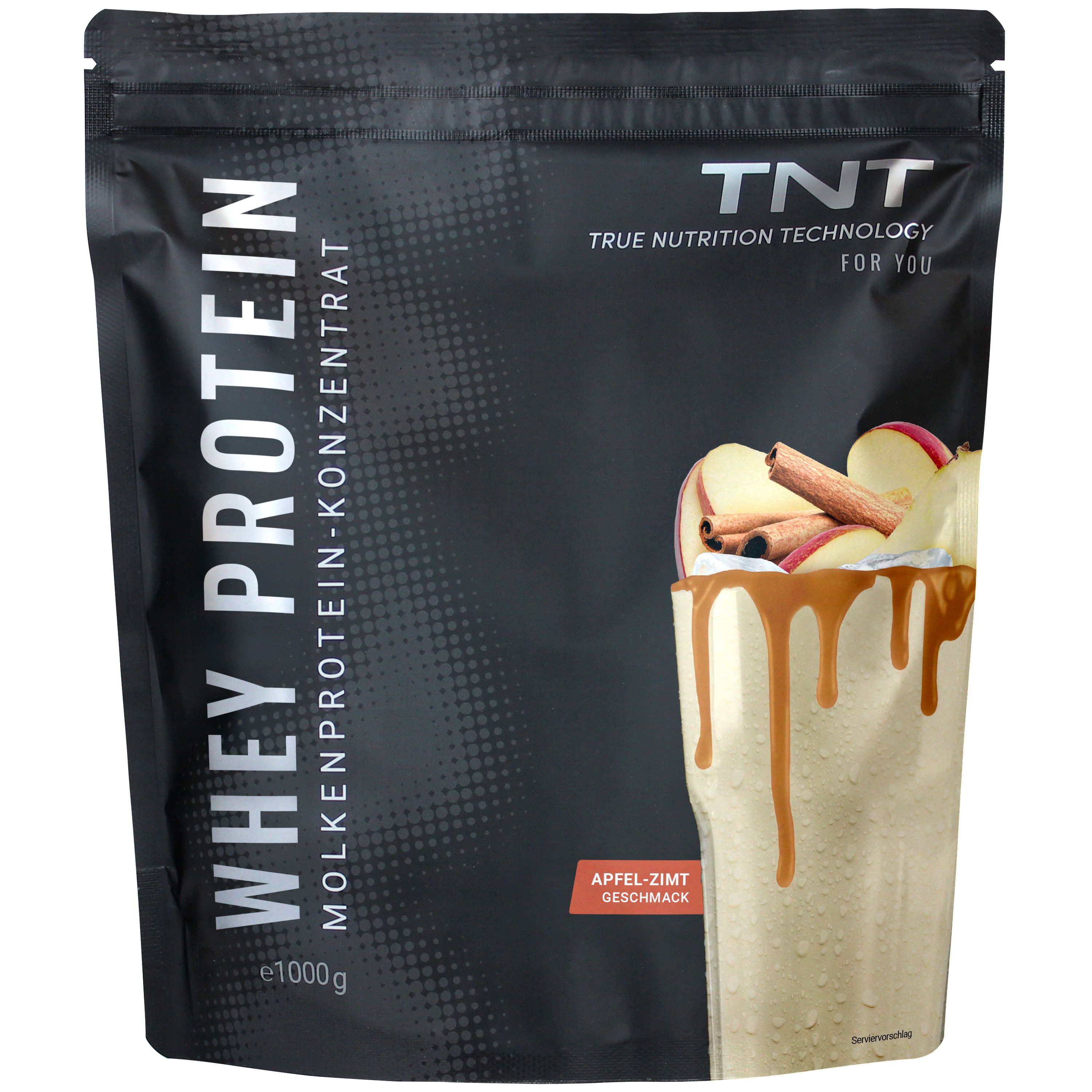 Schwarze Tüte mit TNT Whey Protein Konzentrat. Aufdruck: Apfel-Zimt-Geschmack. Abbildung eines Getränks mit Apfel-Zimt-Dekoration.