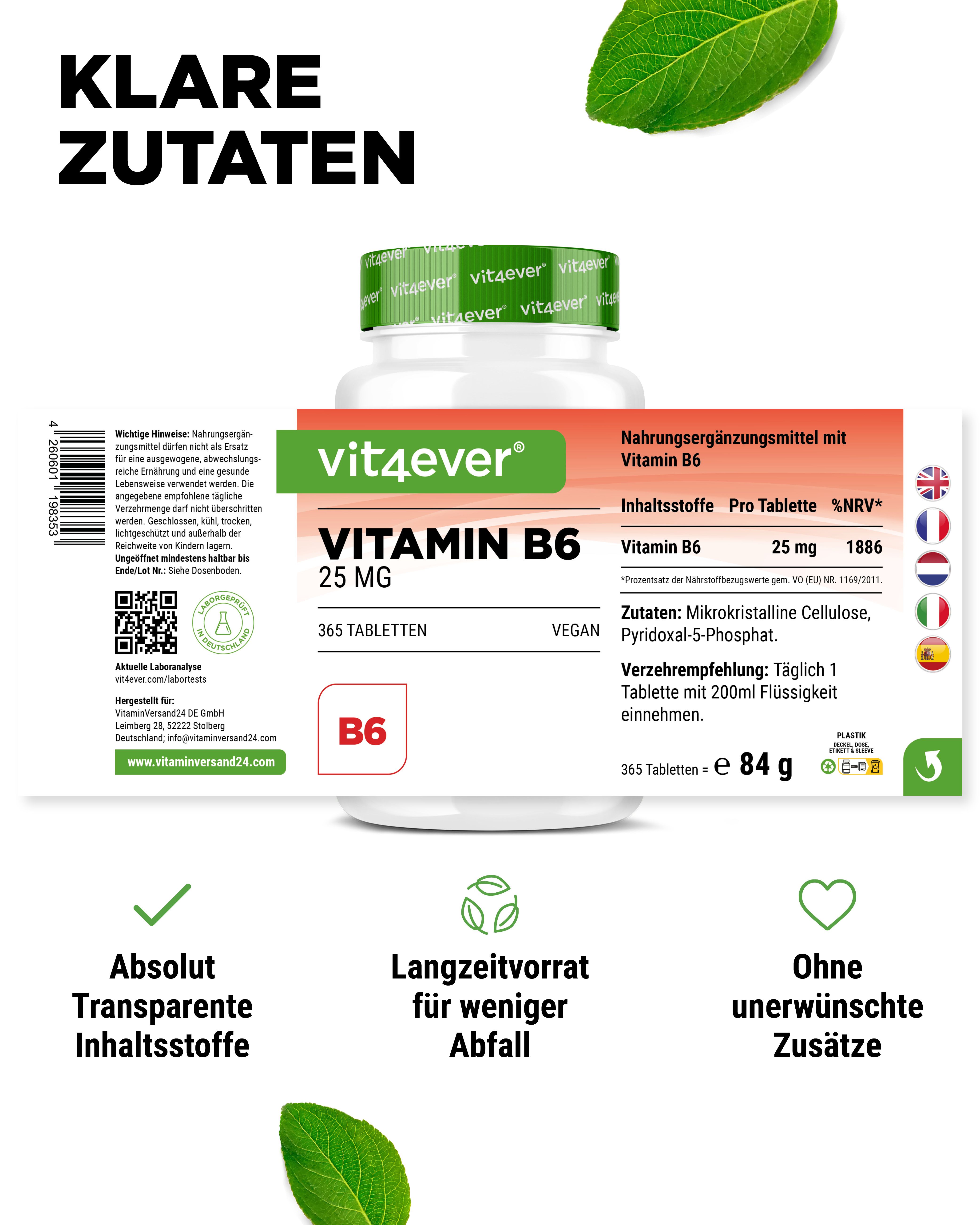 Weißes Pillenfläschchen mit grünem Deckel. Aufschrift: Vitamin B6 25 mg, 365 Tabletten. Vegan. Vit4ever Logo. Zutatenliste und Verzehrempfehlung.