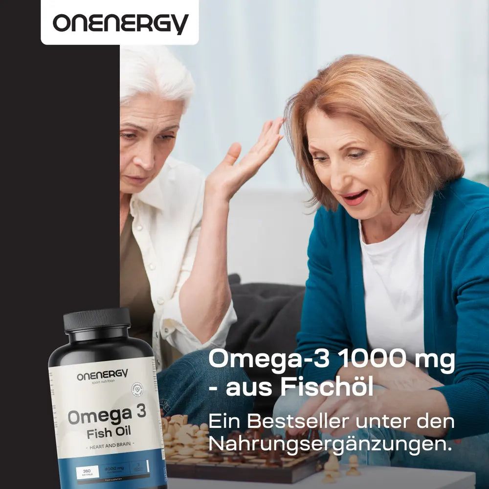Flasche OnEnergy Omega-3 Fischöl, Kapseln und Nahaufnahme von Kapseln.