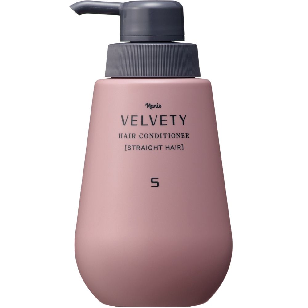 Flasche mit Pumpe. Rosa Behälter mit Aufschrift VELVETY HAIR CONDITIONER [STRAIGHT HAIR]. Grauer Pumpkopf.