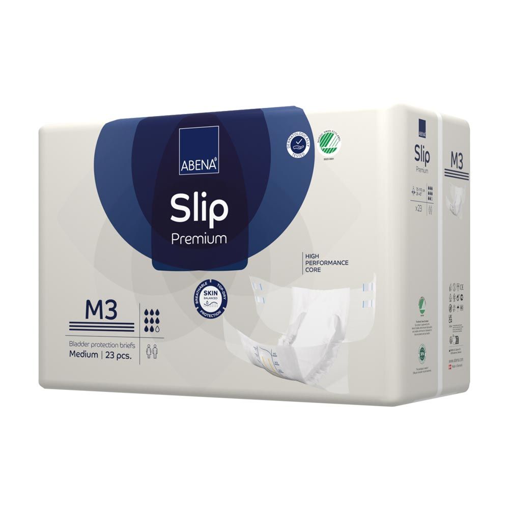 Packung ABENA Slip Premium M3. Aufdruck: ABENA, Slip, Premium, M3, Medium, 23 Stück. Grün-Siegel. Geöffneter Slip sichtbar.