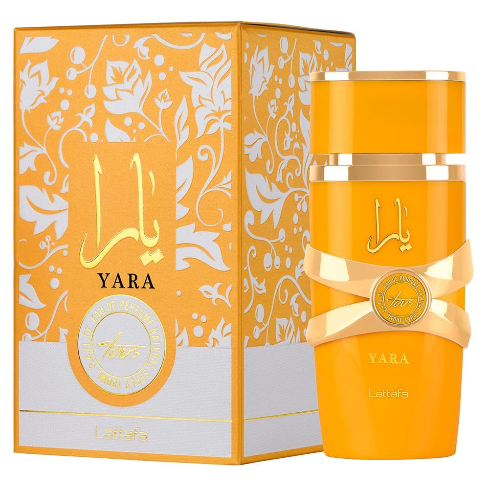 Yara Tous Eau de Parfum in gelber Schachtel und Flakon. Goldfarbene Details. Floral-Design auf der Verpackung.