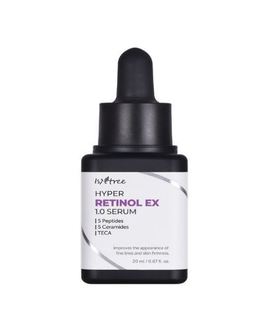 Schwarze Flasche mit weißem Etikett. Aufschrift: ISNTREE Hyper Retinol EX 1.0 Serum. Mit Tropfer. 20 ml.
