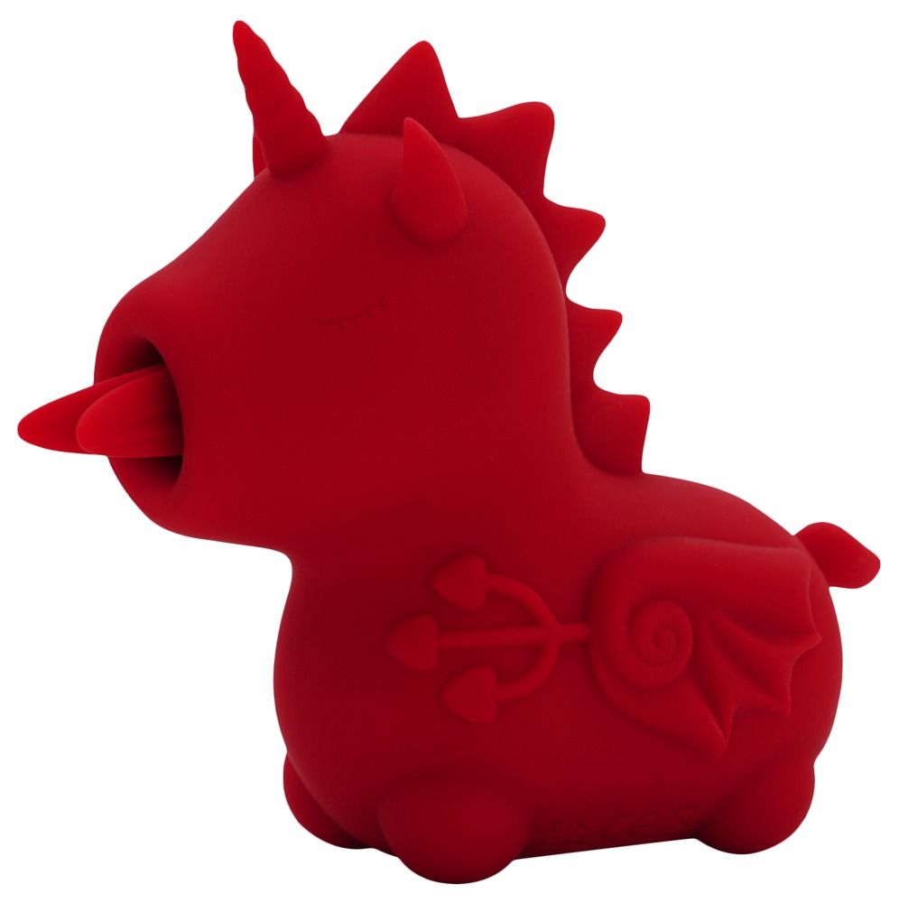 Roter Unihorn Blaze Diablo Vibrator in Einhorn-Teufel-Form mit herausgestreckter Zunge.