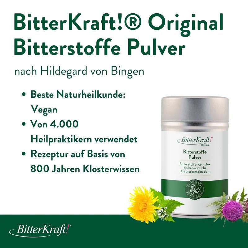 Produkt mit Dose, gelbe und violette Blüten. Text: BitterKraft! Original Bitterstoffe Pulver nach Hildegard von Bingen. Vegan.
