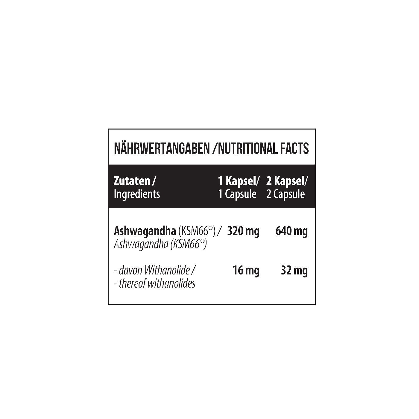 Nährwertangaben für MST Ashwagandha. Zutaten: Ashwagandha (KSM-66), davon Withanolide. Angaben pro Kapsel und 2 Kapseln.