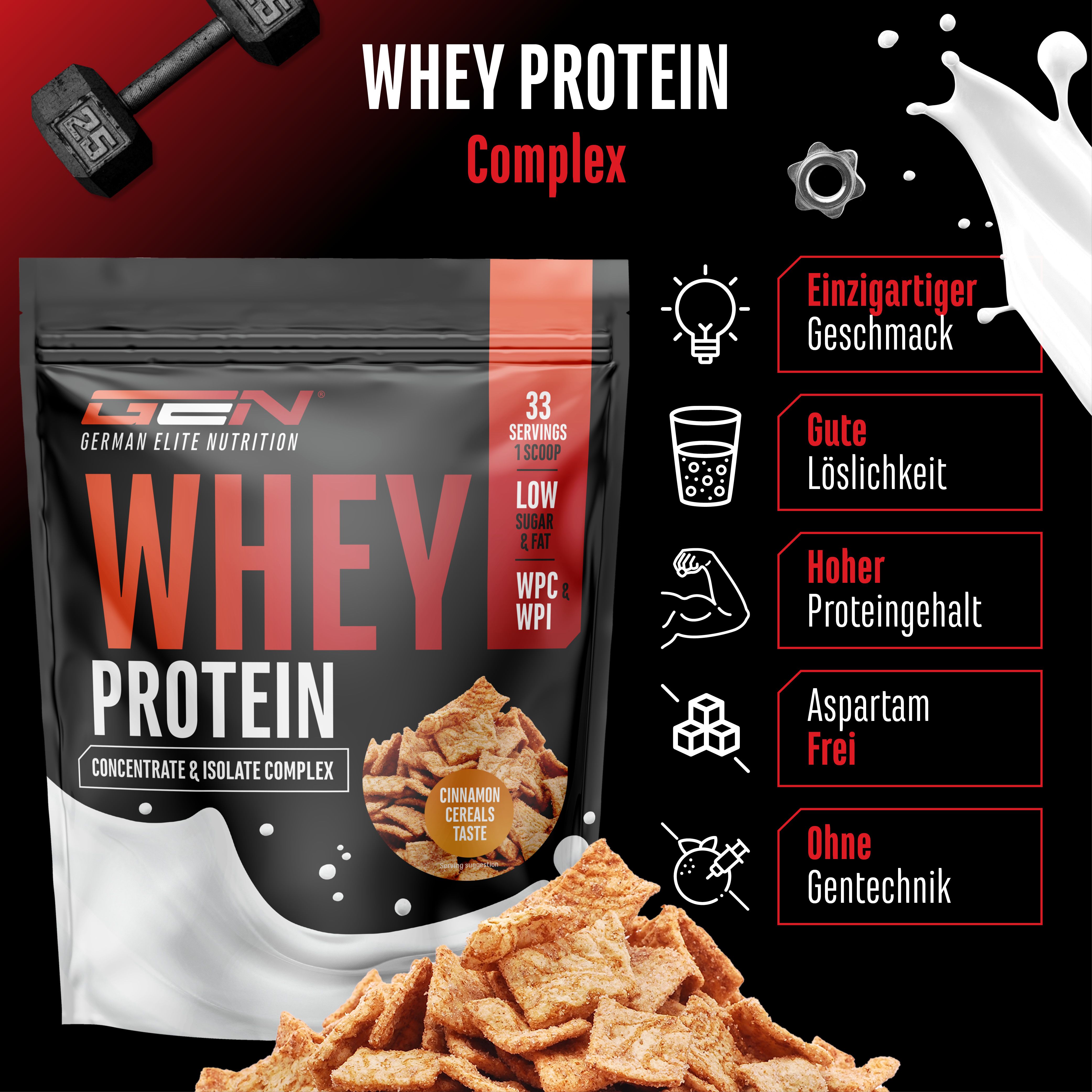 Werbebild mit GEN Whey Protein. Text: Whey Protein Complex, 33 Portionen, Low Sugar & Fat, WPC/WPI. Abbildung von Zerealien. Zusätzliche Icons.