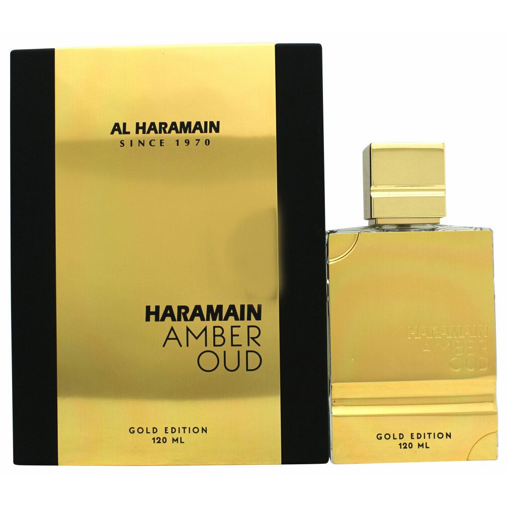 Goldfarbene Parfumflasche und -verpackung. Aufschrift: Al Haramain, Amber Oud Gold Edition, 120 ml.