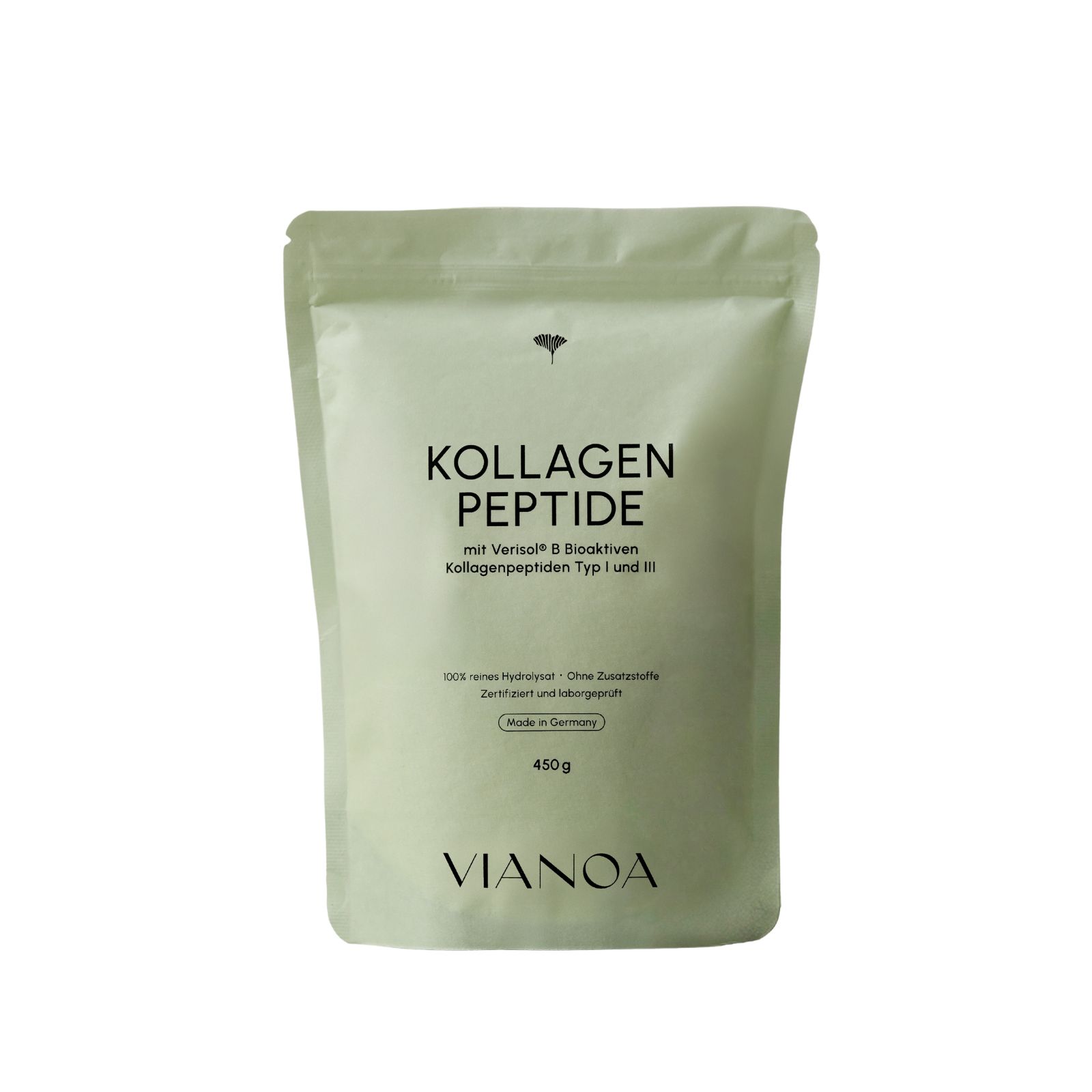 Beutel mit Kollagen Peptide. Aufschrift: Kollagen Peptide, mit Verisol B, 450g, Vianoa. Hergestellt in Deutschland.