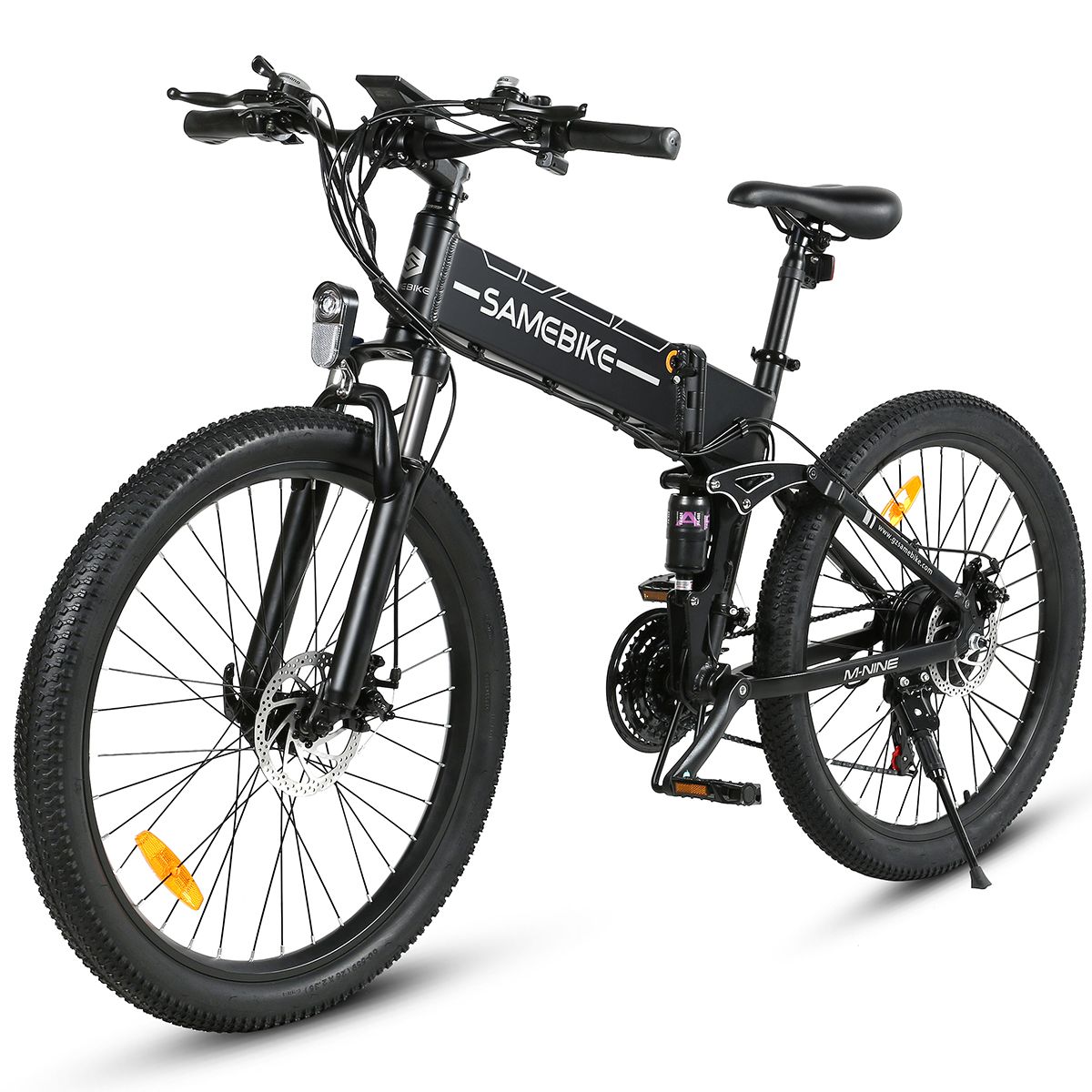 Schwarzes Elektrofahrrad. Räder, Sattel, Lenker und Akku sichtbar. Marke SAMEBIKE.