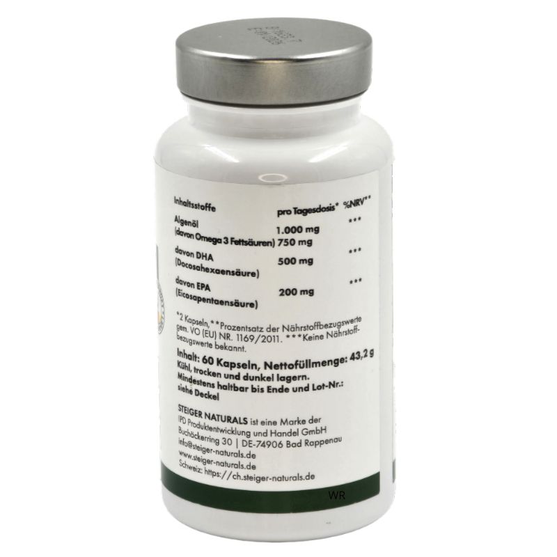 Rückseite einer weißen Flasche mit silbernem Deckel. Enthält Informationen zu Inhaltsstoffen, Dosierung und Nährwerten.