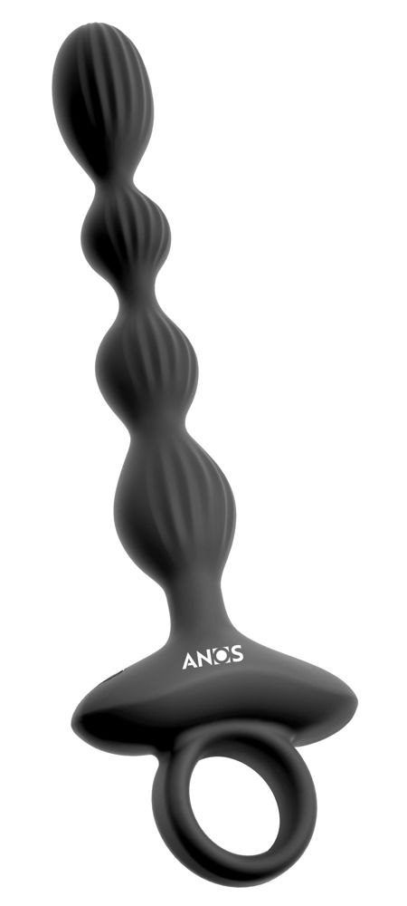 Schwarzer, gerippter Vibrator mit einem Ring am Griffende und dem ANOS-Logo.