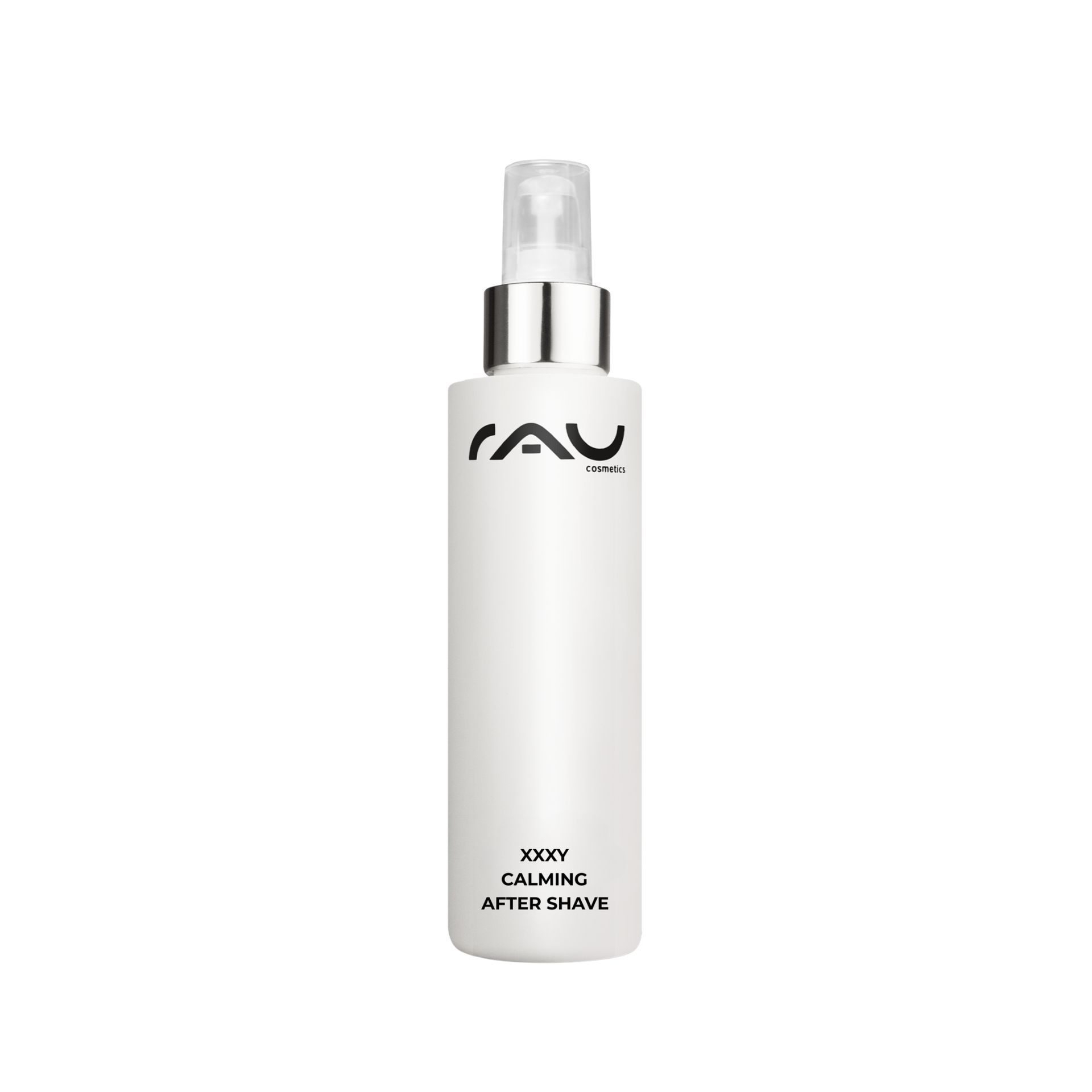 Weiße Flasche mit Zerstäuber. Aufschrift: RAU, XXXY Calming After Shave.