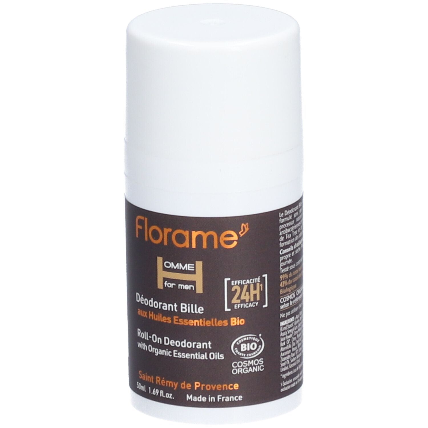 Roll-on-Deo für Männer. Weißer Behälter mit braunem Etikett. Text: Florame, HOMME, 24h, Bio-Zertifizierung.