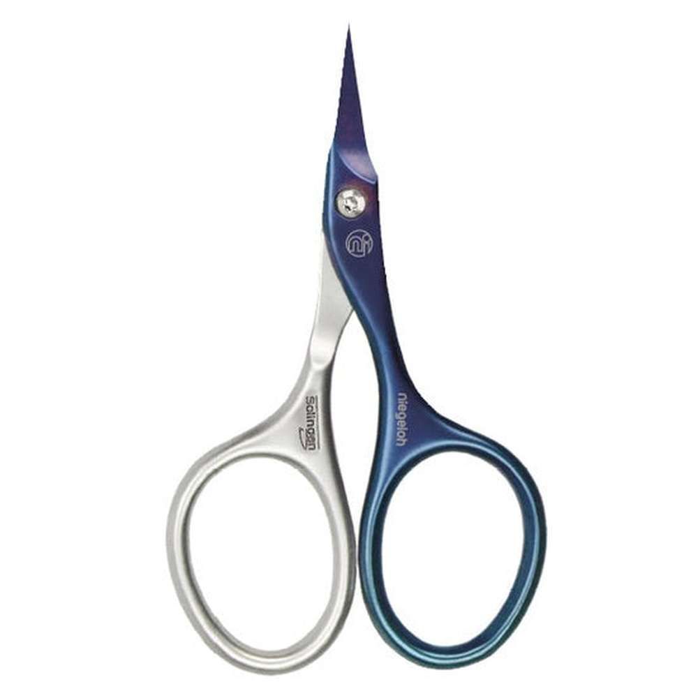 Cuticuleschere mit blauen Griffen. Silberfarbene Klingen. Aufschrift: Niegeloh, Solingen. Geformte Griffe.