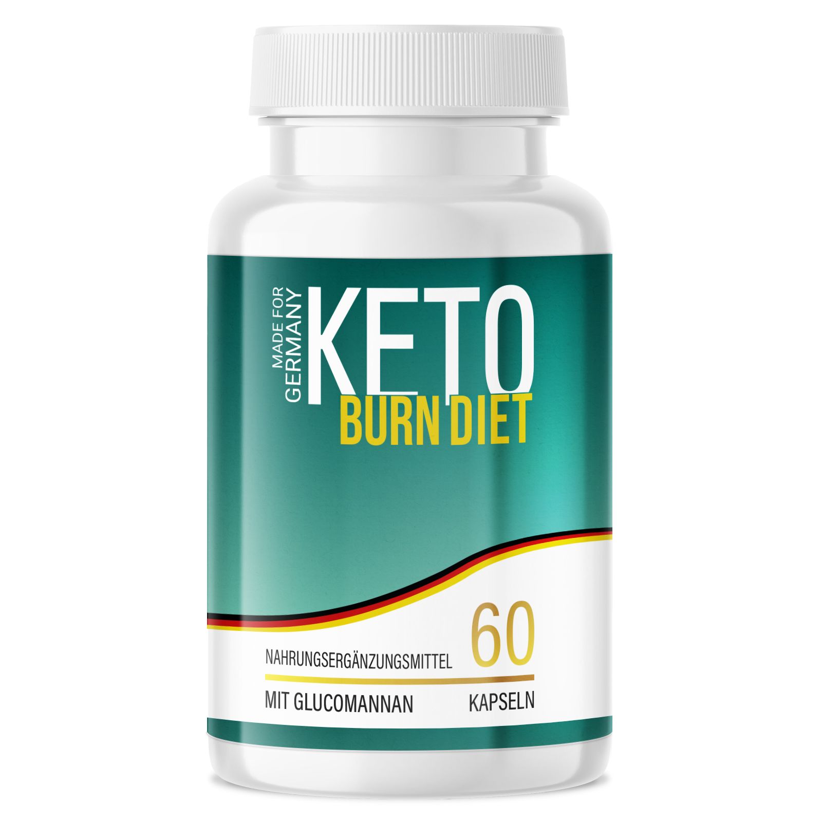 Weiße Kapsel-Dose mit grünem Etikett. Aufschrift: Keto Burn Diet, 60 Kapseln. Made for Germany.