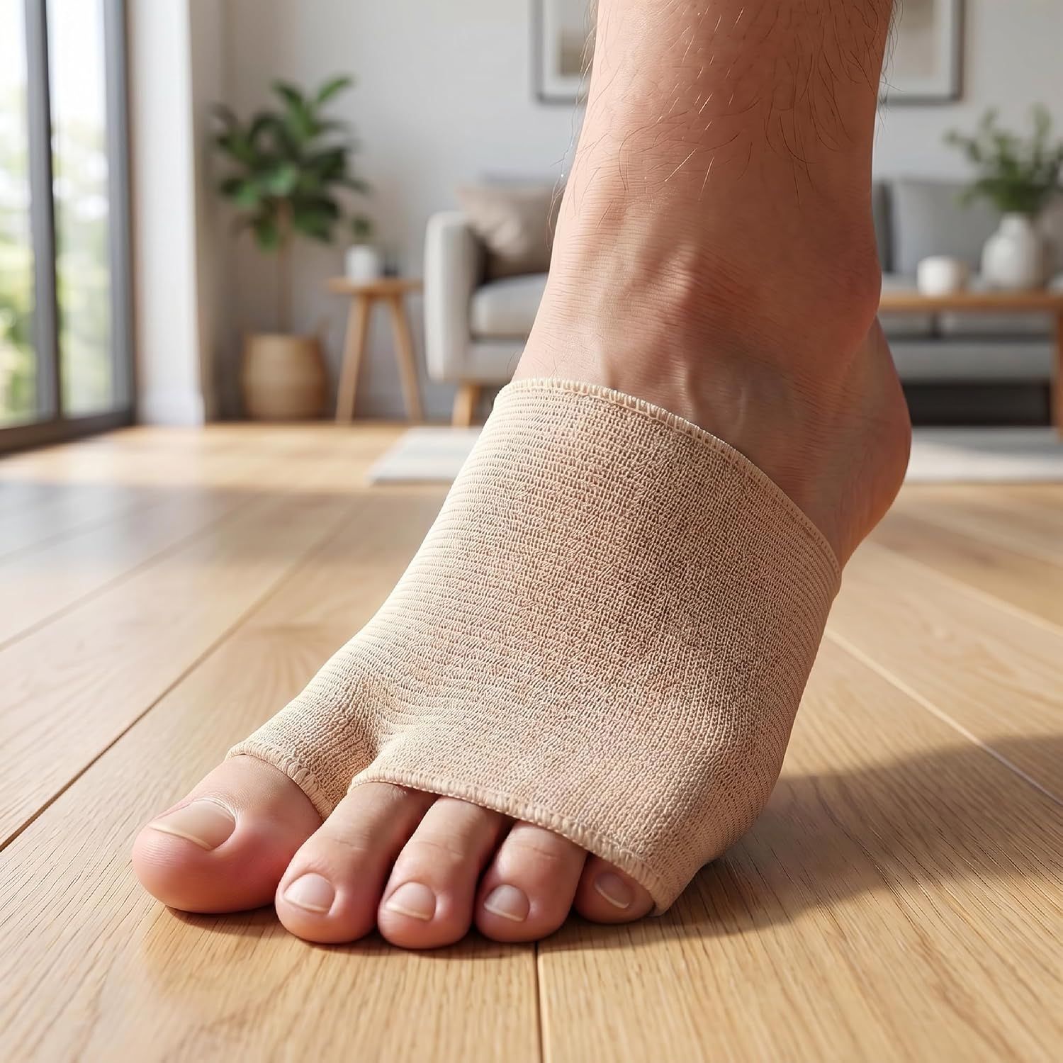 Fußbandage mit Zehenspreizer aus hellem Stoff.