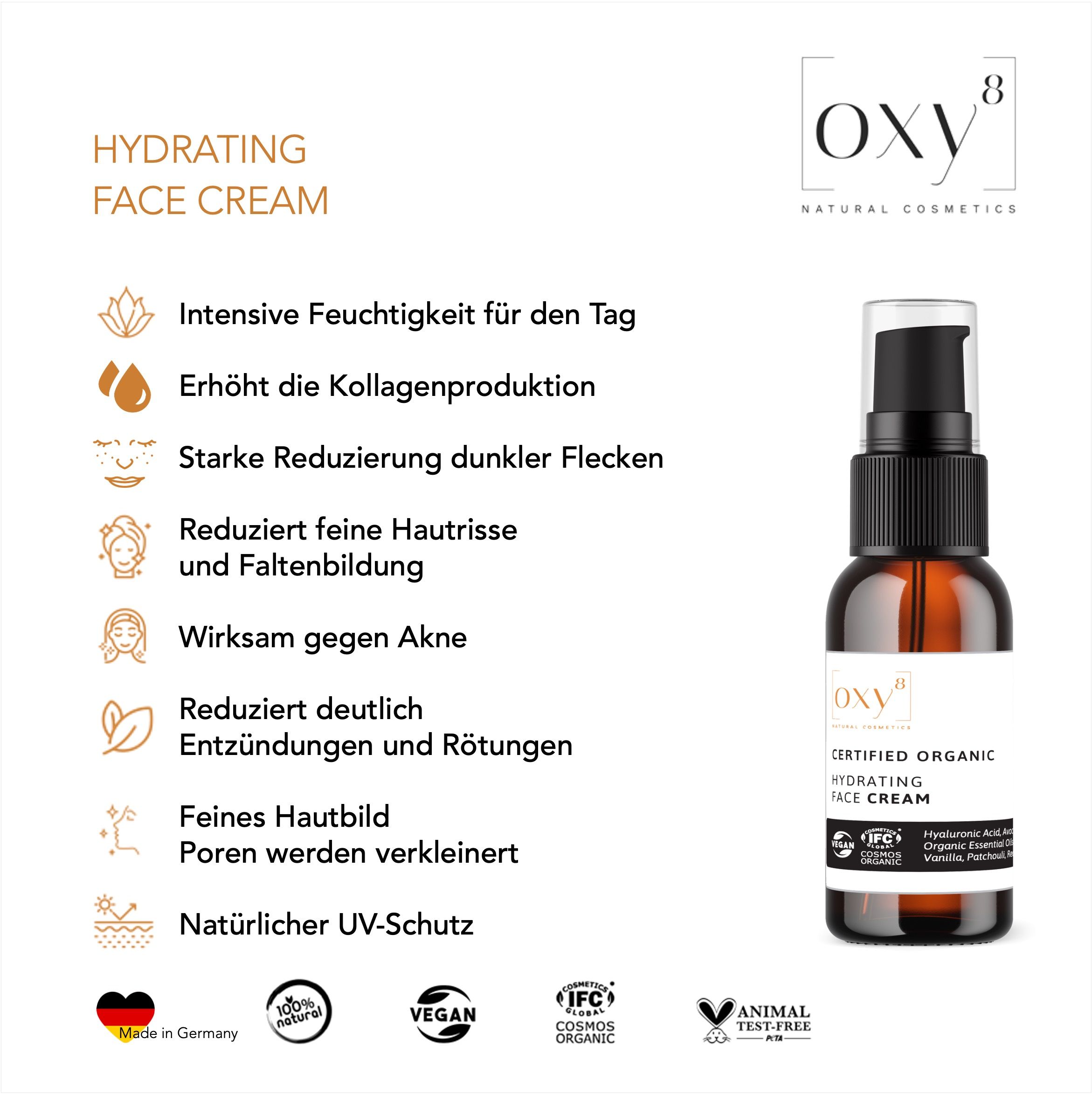 oxy8 Naturkosmetik HYDRATING FACE CREAM - Anti Aging. Feuchtigkeit. Reduziert Falten & Altersflecken