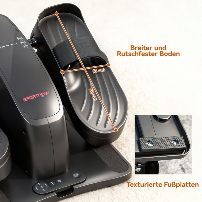 Mini-Ellipsentrainer. Nahaufnahme der Fußpedale. Text: Breiter und rutschfester Boden. Maße: 30x13 cm. Texturierte Fußplatten.