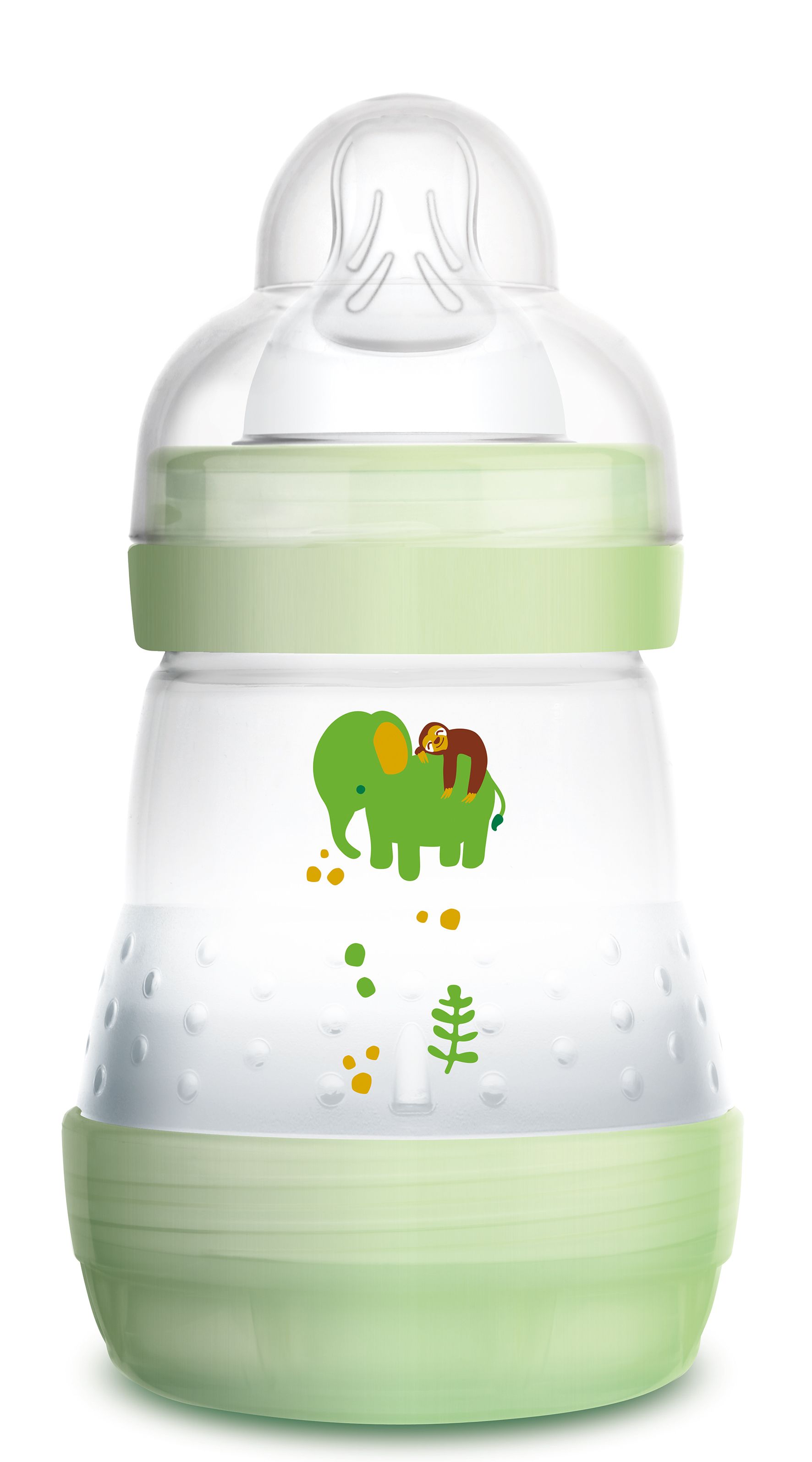 Babyflasche mit grünem Deckel und Boden. Transparent mit Elefanten-Motiv. BPA-frei.