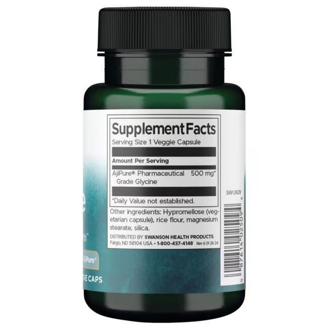 Rückseite der Kapsel-Dose. Aufschrift: Supplement Facts, AjiPure Pharmaceutical 500 mg, Grade Glycine. Inhaltsstoffe.