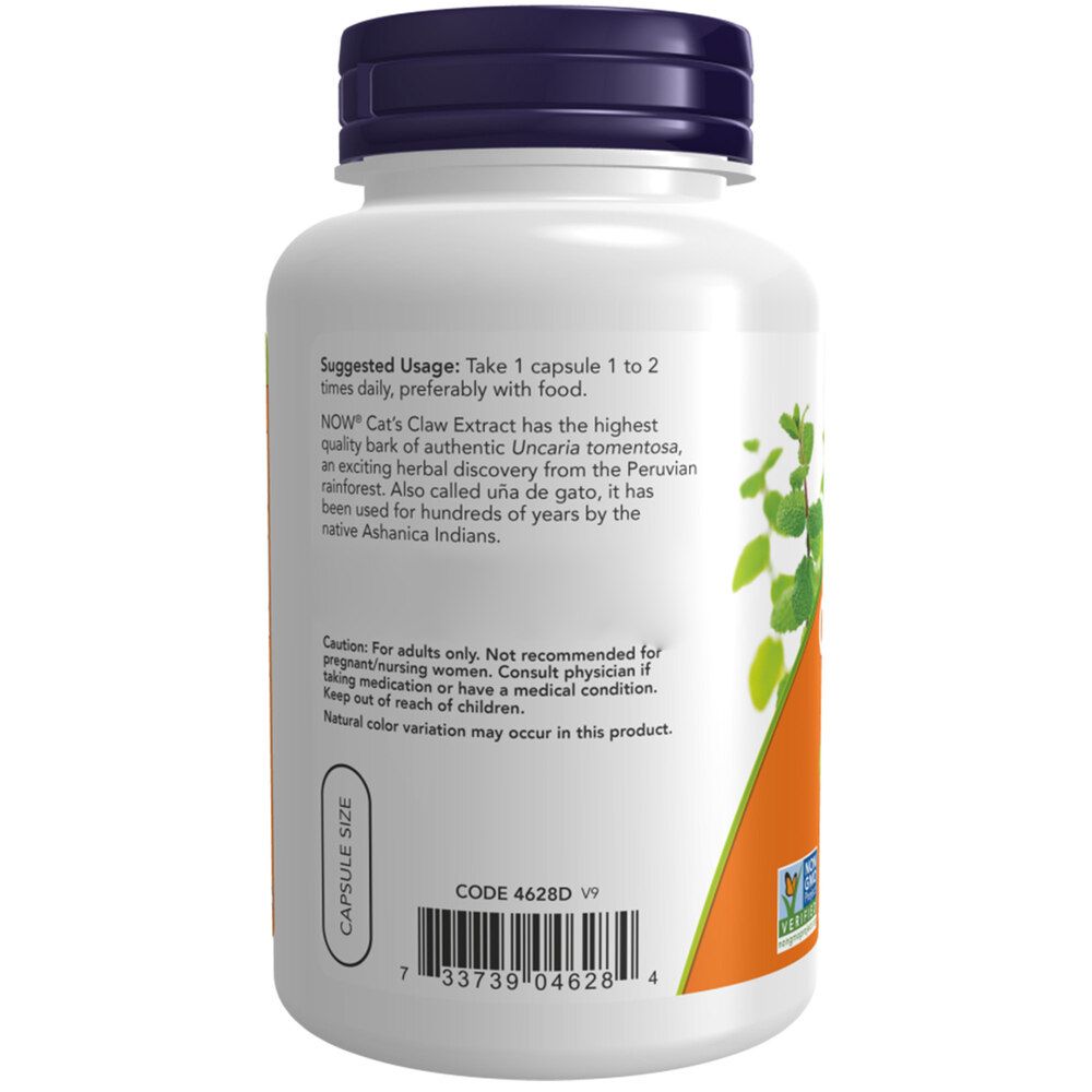 Rückseite einer weißen Flasche mit blauem Deckel. Etikett mit Text in englischer Sprache, darunter "Cat's Claw Extract". Orangefarbener und grüner Hintergrund.