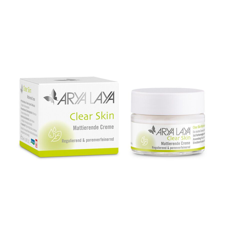 Arya Laya Clear Skin Mattierende Creme in einem Glasbehälter mit Umverpackung. Die Creme ist für unreine Haut.
