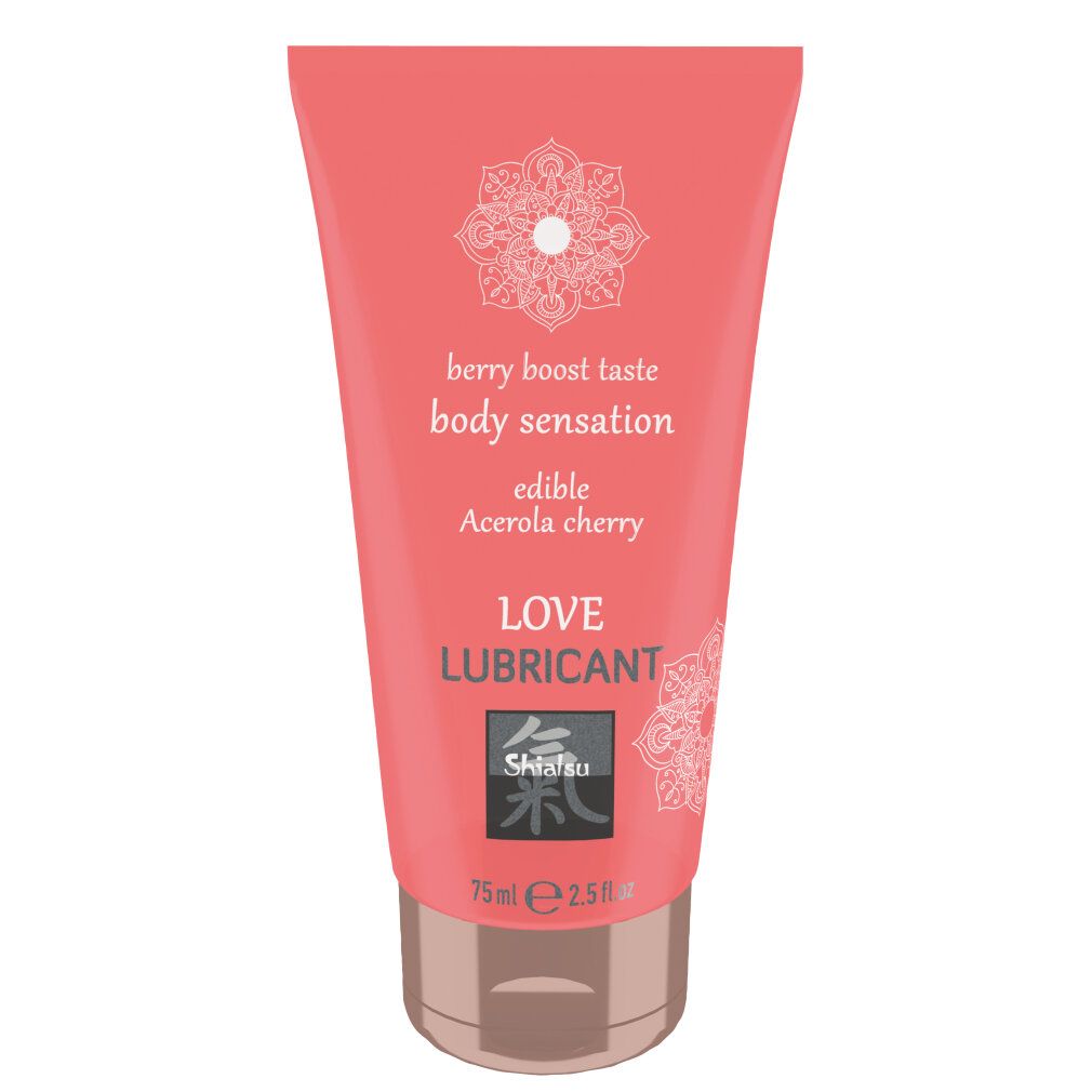 Rosa Tube mit weißer Schrift. Enthält 'LOVE LUBRICANT', 'berry boost taste', 'edible Acerola cherry'. Marke: Shiatsu.