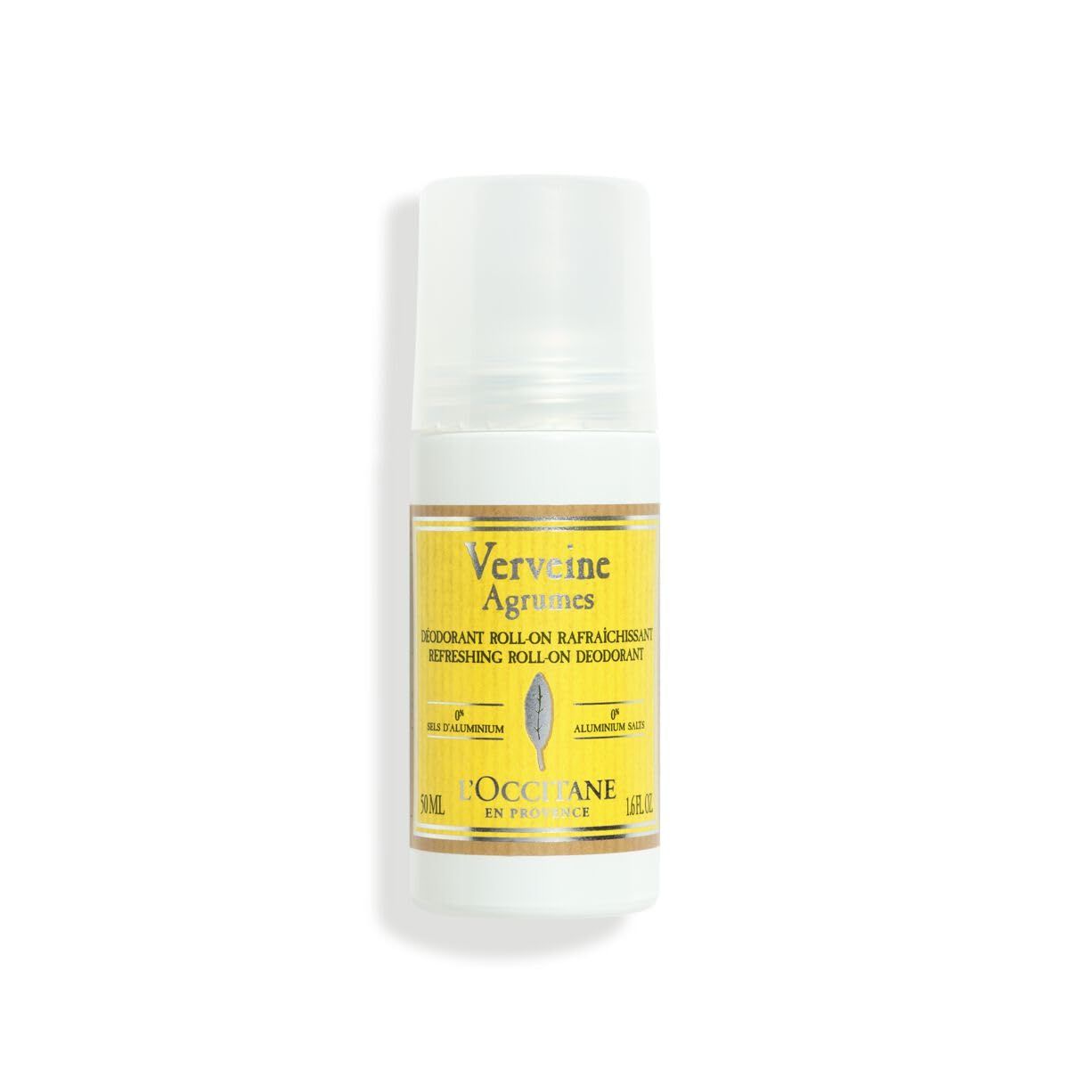 Deo-Roll-On von L'Occitane. Weißer Behälter mit gelbem Etikett. Aufschrift: Verbene Agrumes, Roll-on rafraîchissant. Mit Deckel.