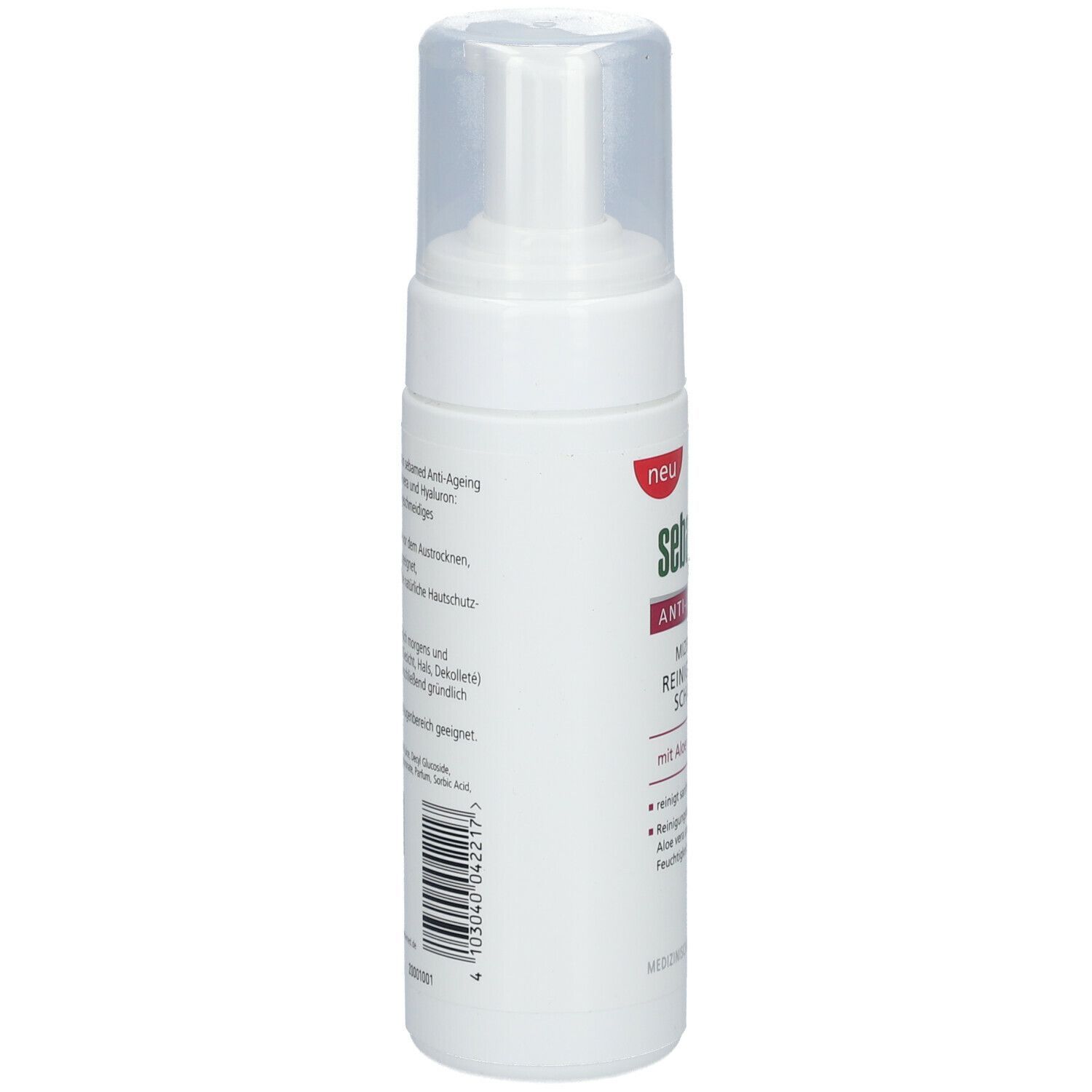 Weiße Flasche mit Sprühkopf. Aufschrift: sebamed ANTI-AGEING. Text und Barcode auf der Seite.