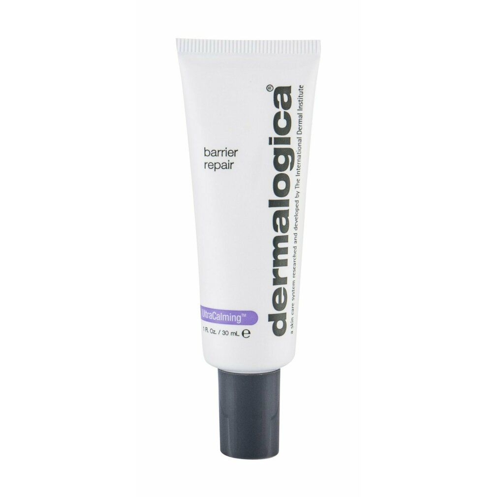Weiße Tube mit grauer Kappe. Aufschrift: barrier repair, dermalogica, UltraCalming. 30 ml.