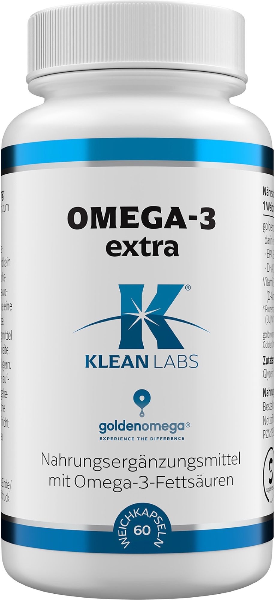 Weiße Kapsel mit blauem Etikett, "OMEGA-3 extra" und "KLEAN LABS" Aufschrift.