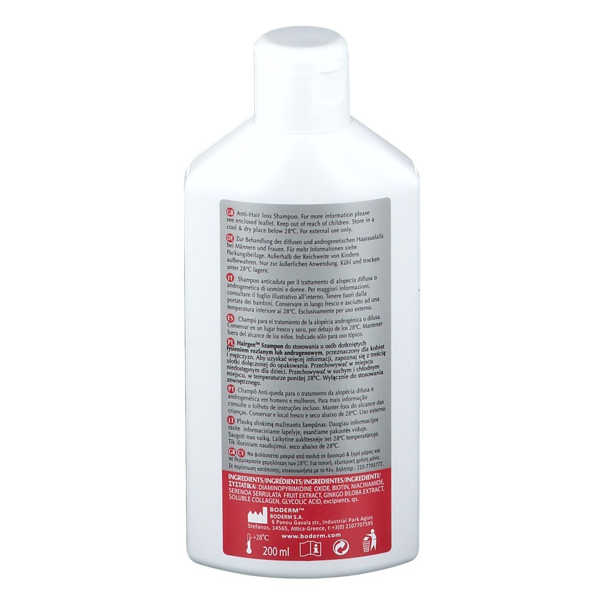 HAIRGEN Shampoo, Rückseite der weißen Flasche. Text und rotes Rechteck. Dermatologisch getestet. 200ml.