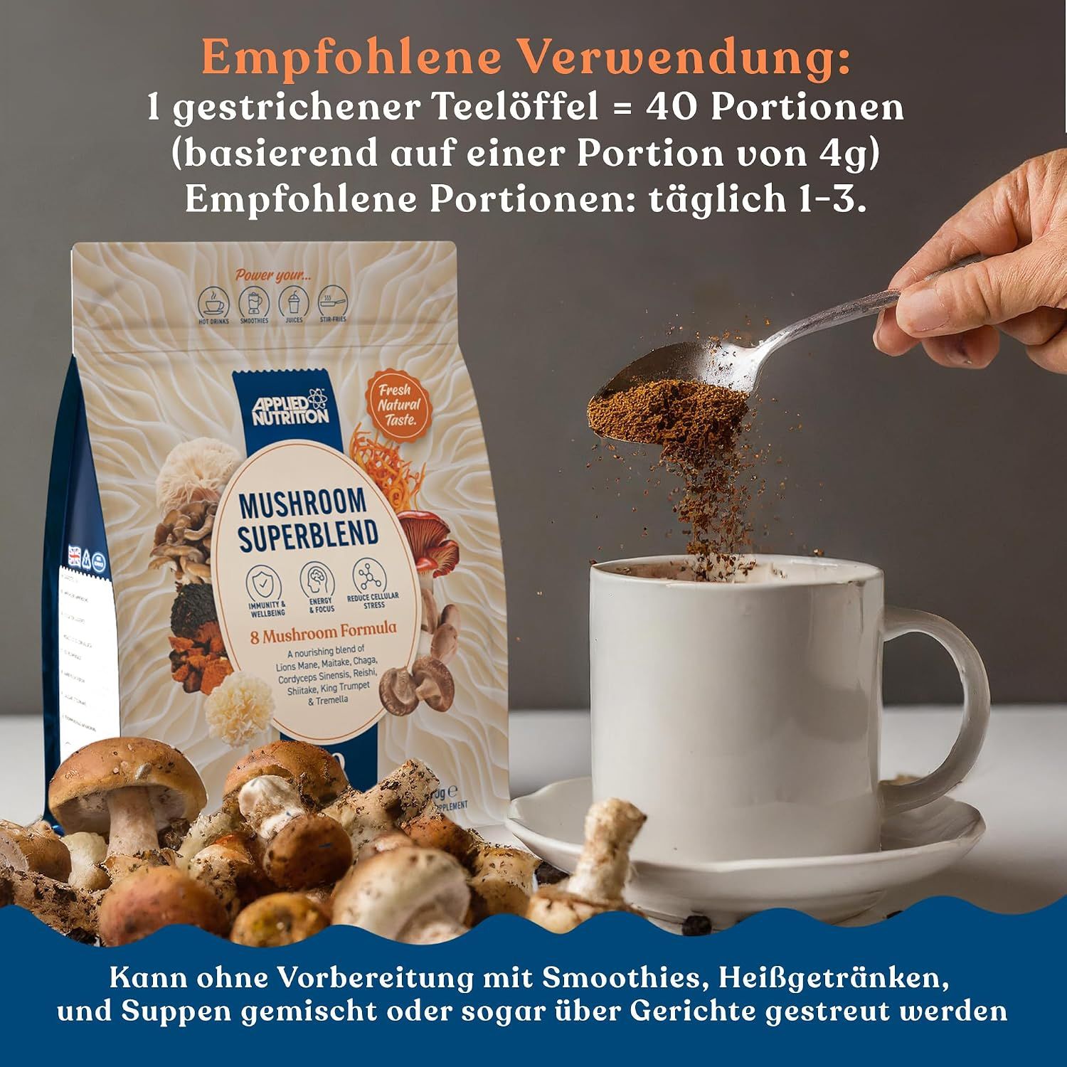 Pilzpulver 'Mushroom Superblend' wird aus einer Tasse getrunken. Enthält 8 Pilzarten. Glutenfrei.