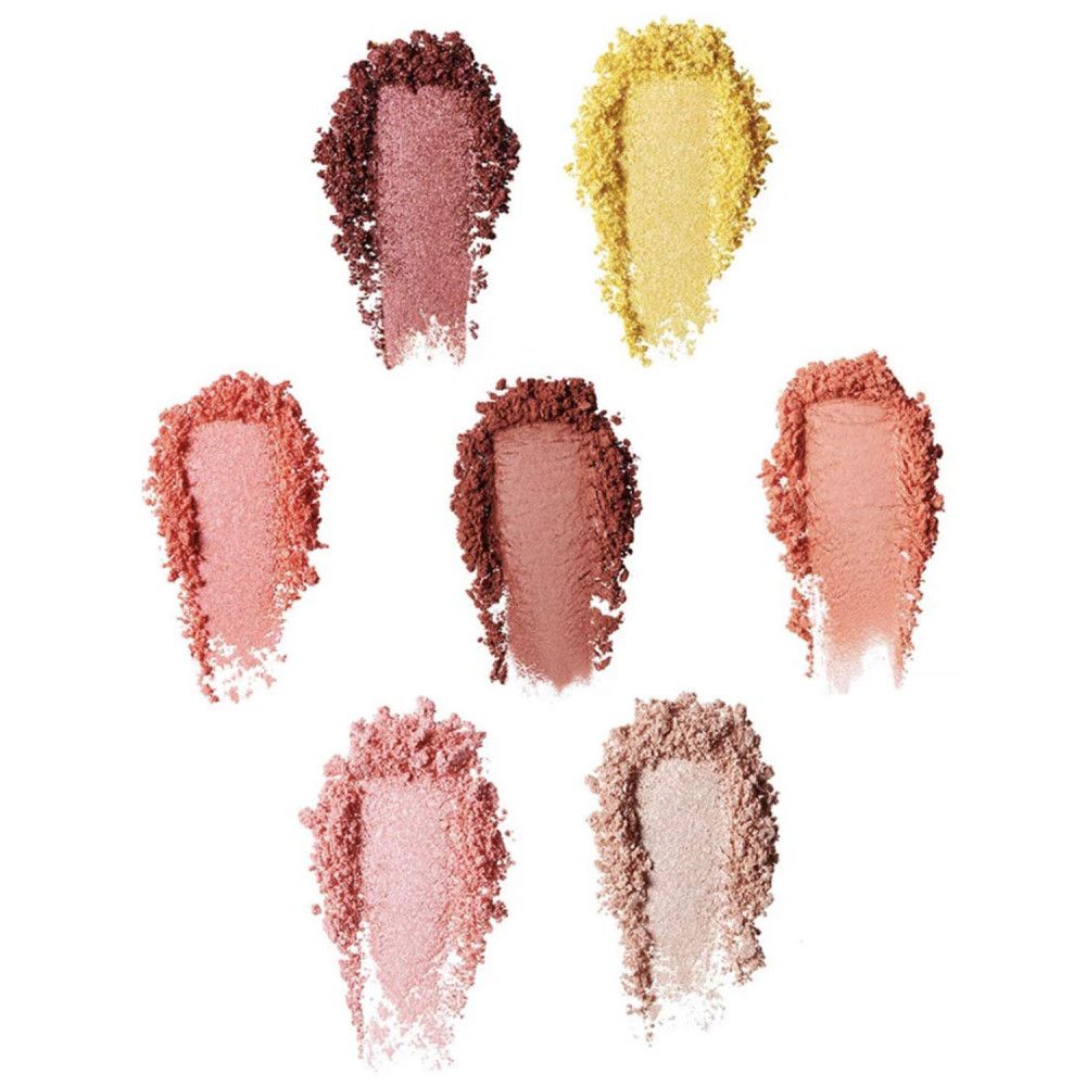 Sieben Farbmuster von Lidschatten und Rouge in verschiedenen Rosa- und Goldtönen.