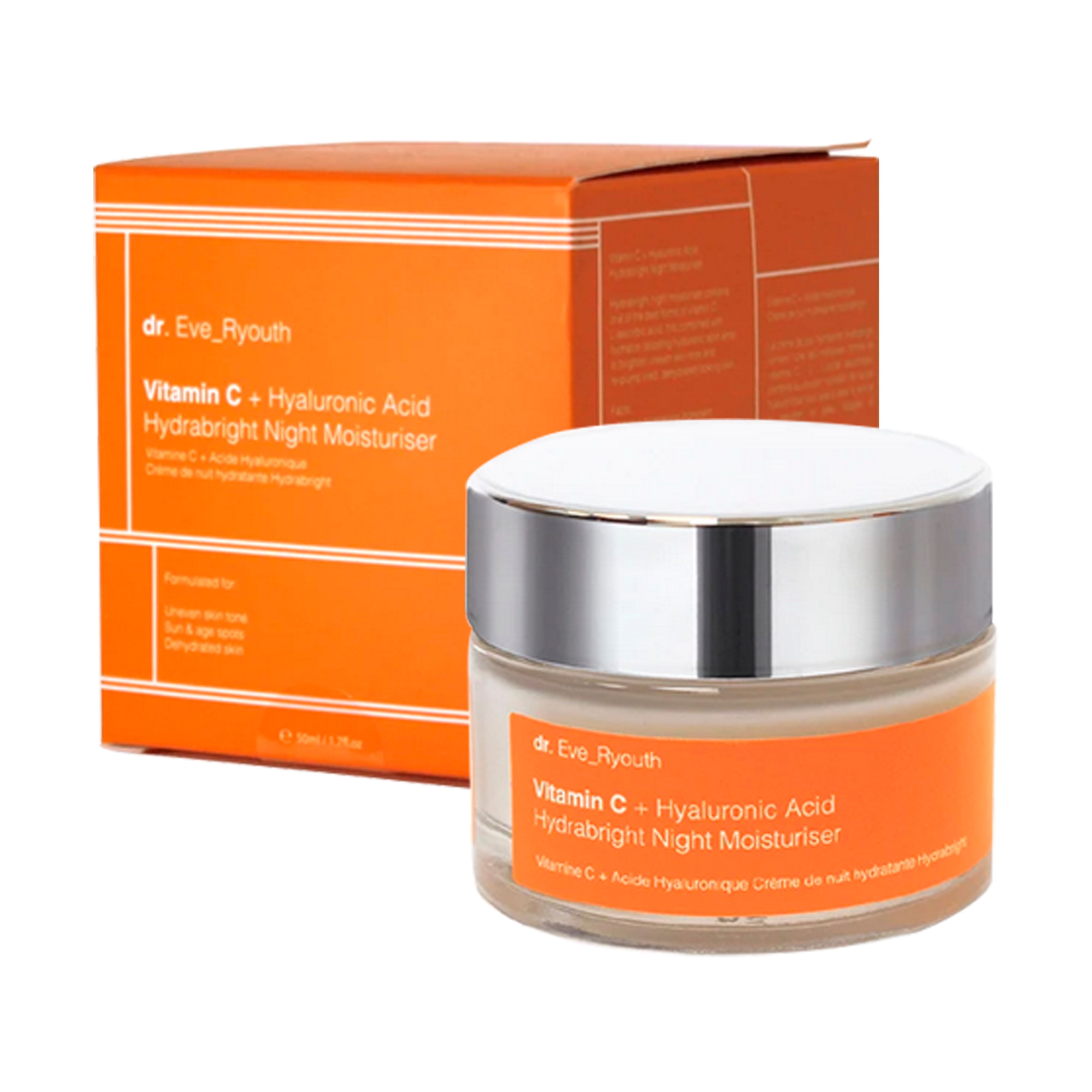 Dr. Eve_Ryouth Vitamin C + Hyaluronsäure Hydrabright Nachtcreme im Glas mit Umverpackung.