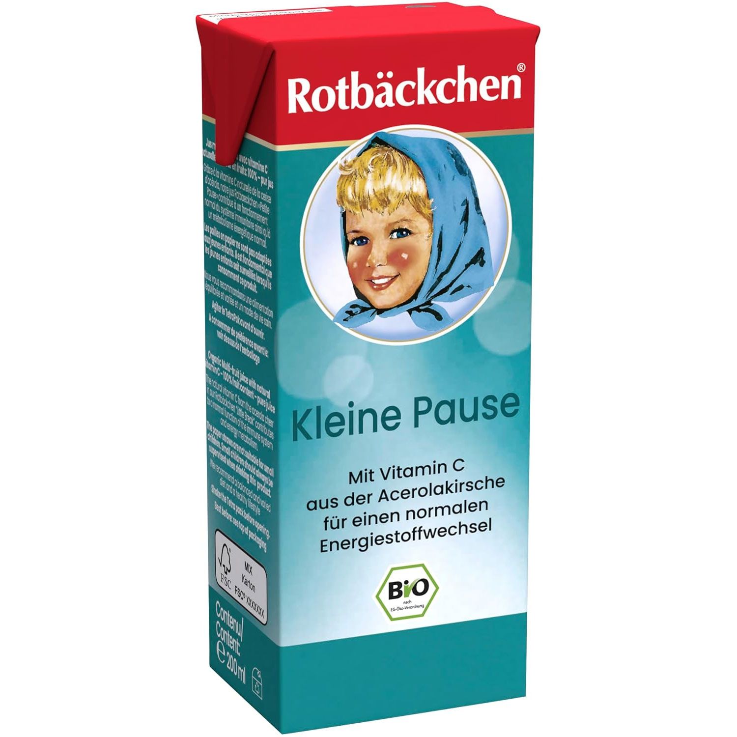 Getränkepackung mit rotem Deckel, blau-türkiser Grundfarbe. Aufdruck: "Rotbäckchen", "Kleine Pause", Bio-Siegel und ein Mädchen-Portrait.