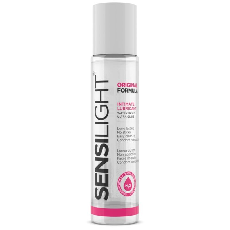 Zylindrische Flasche mit weißem Deckel. Aufschrift SENSILIGHT. Text: Intimate Lubricant, Wasserbasis, Ultra Glide. Rosa Akzent.