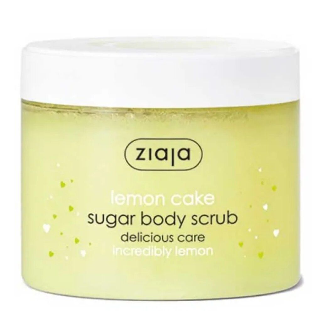 Ziaja Lemon Cake Zucker-Körperpeeling. Gelber Behälter mit weißem Deckel. Aufschrift: Sugar Body Scrub, delicious care, incredibly lemon.