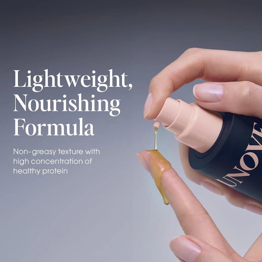 Hand drückt Pumpspender von UNOVE Silk Hair Oil, Öl tropft auf Finger. Text "Lightweight, Nourishing Formula".