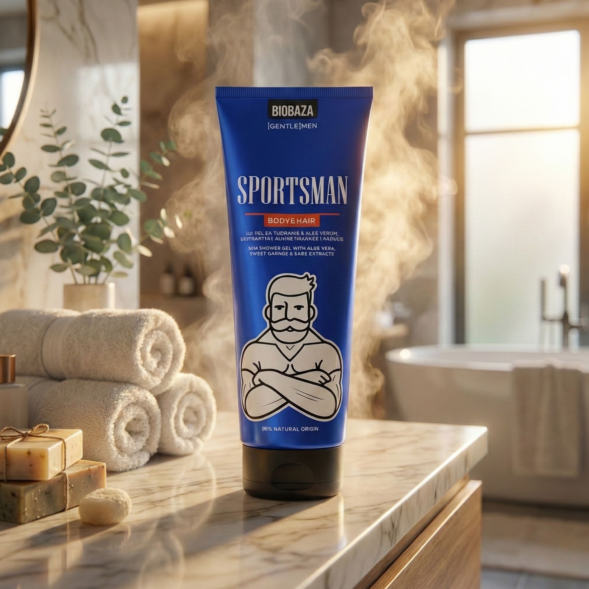 Blaues Tube-Duschgel mit Aufdruck. "Sportsman" und Logo. Badezimmer-Szene mit Badewanne, Handtüchern und Seife im Hintergrund.