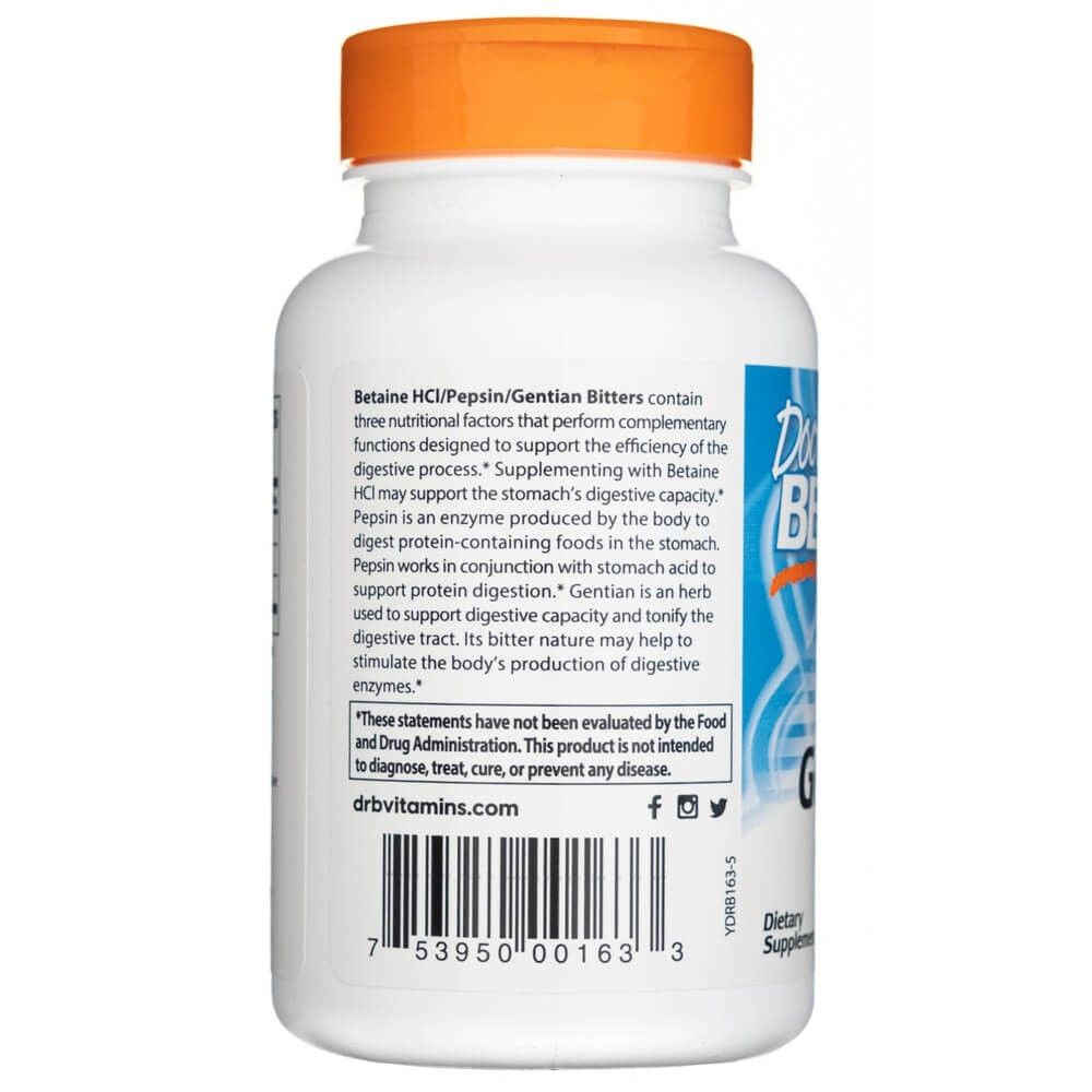 Seite der Doctor's Best Betaine HCl, Pepsin und Gentian Bitters Kapseln mit Produktbeschreibung.