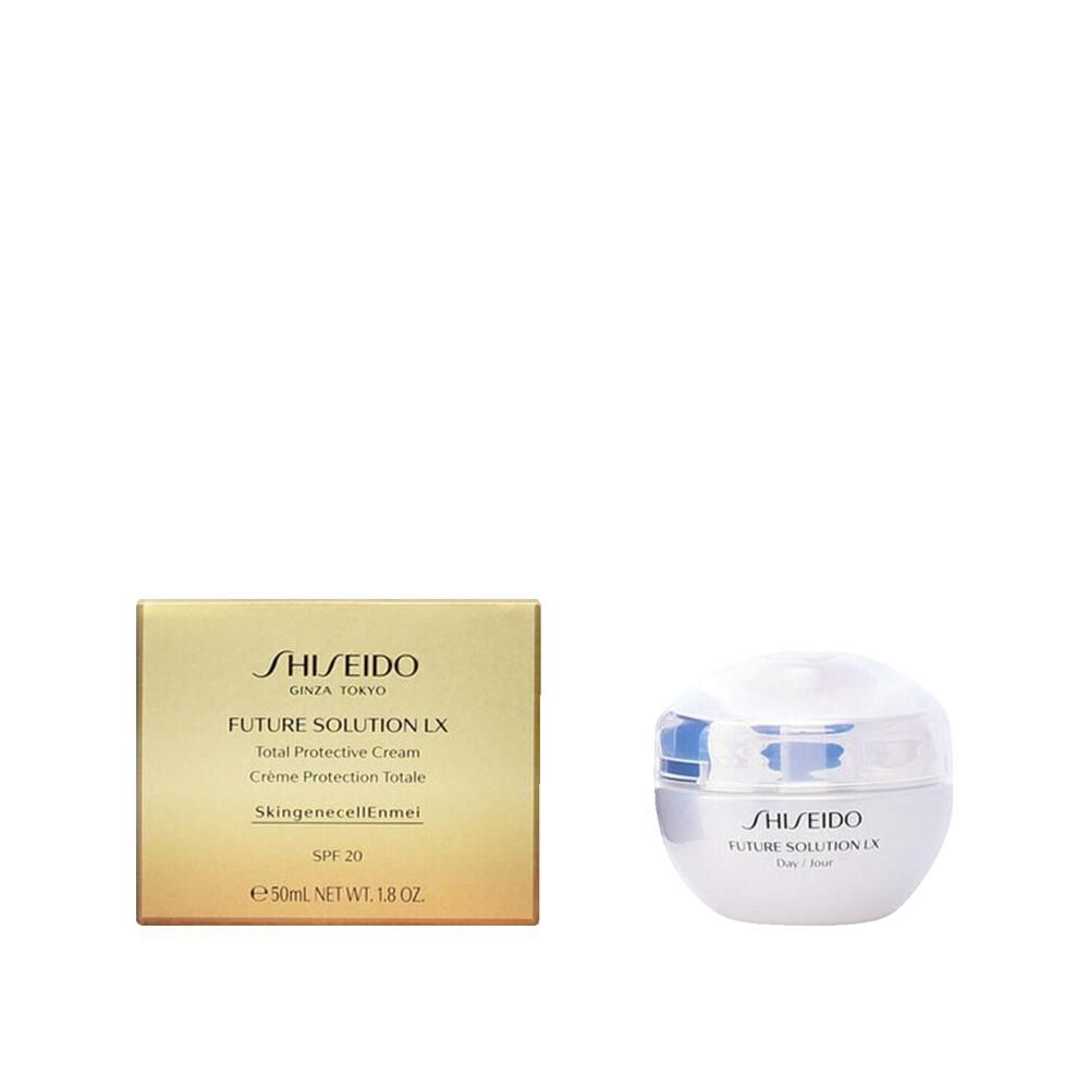 Cremebehälter und Schachtel. Aufschrift: SHISEIDO, FUTURE SOLUTION LX, Total Protective Cream, SPF 20.