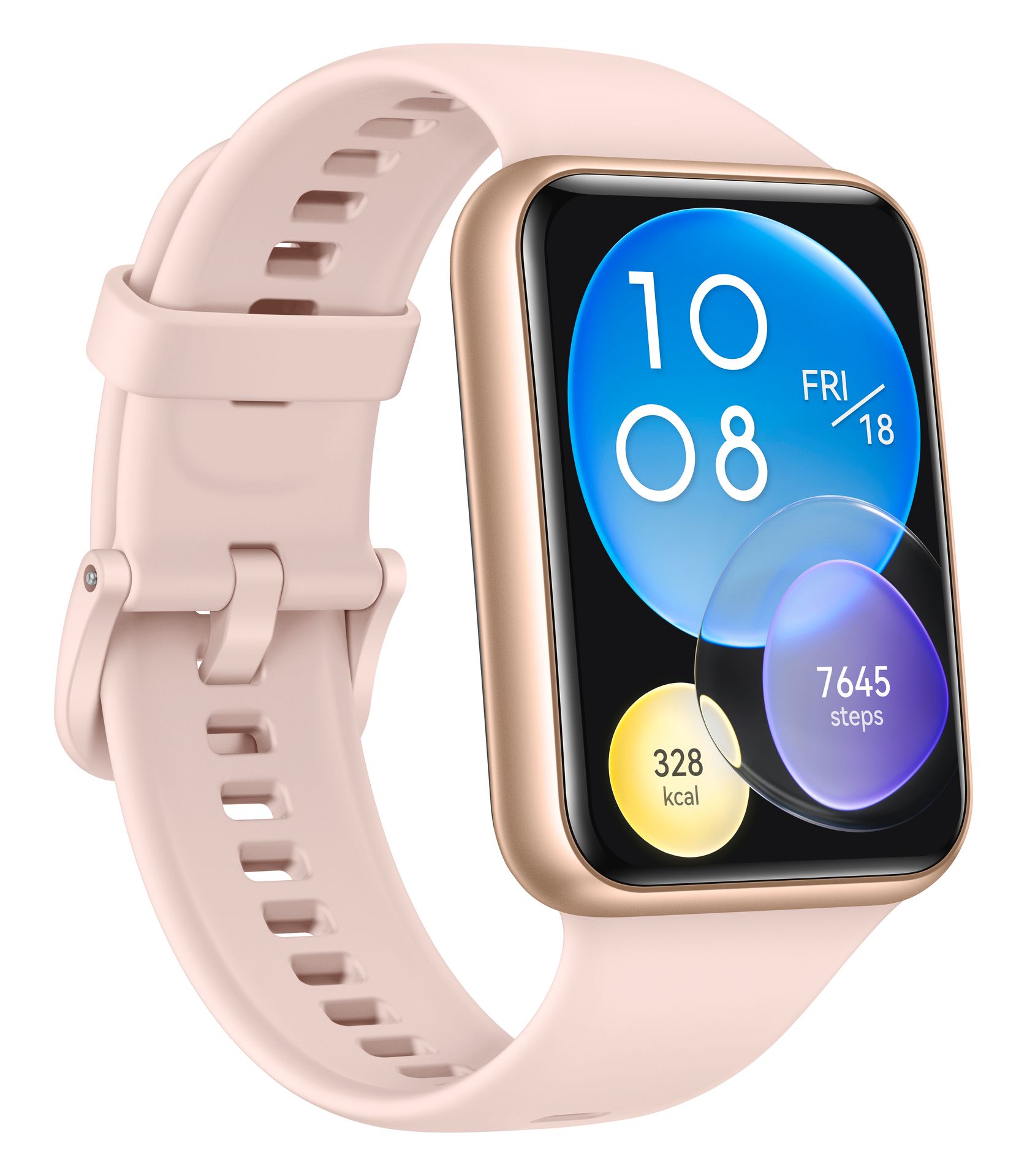 Rosafarbene Smartwatch mit rechteckigem Display und rosa Armband. Zeigt Uhrzeit, Datum, Schritte und Kalorien an.