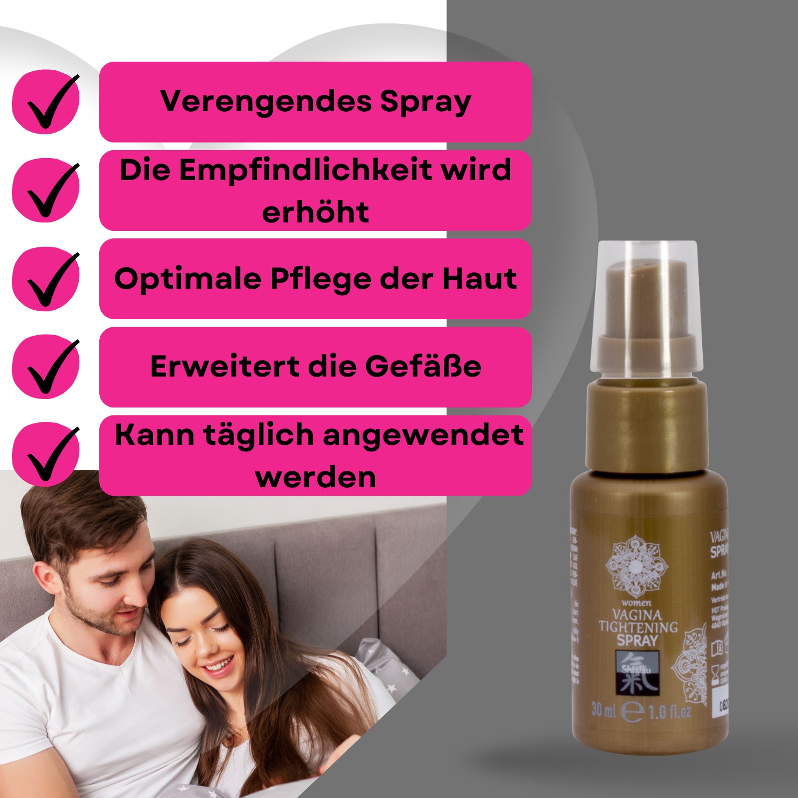 Produkt und Verpackung. Text: Vagina Tightening Spray. Marke: Shiatsu. Paar im Hintergrund.