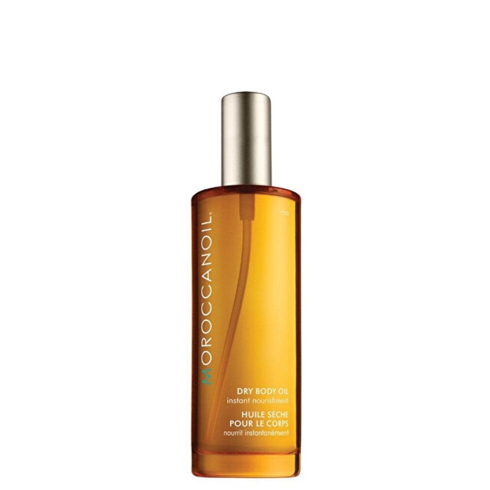 Braune Glasflasche mit gelbem Inhalt. Sprühkopf. Text: Moroccanoil, Dry Body Oil, Huile Seche.