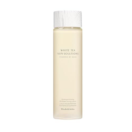 Zylindrische Flasche mit weißem Deckel. Aufschrift: White Tea Skin Solutions. Lotion-Text.