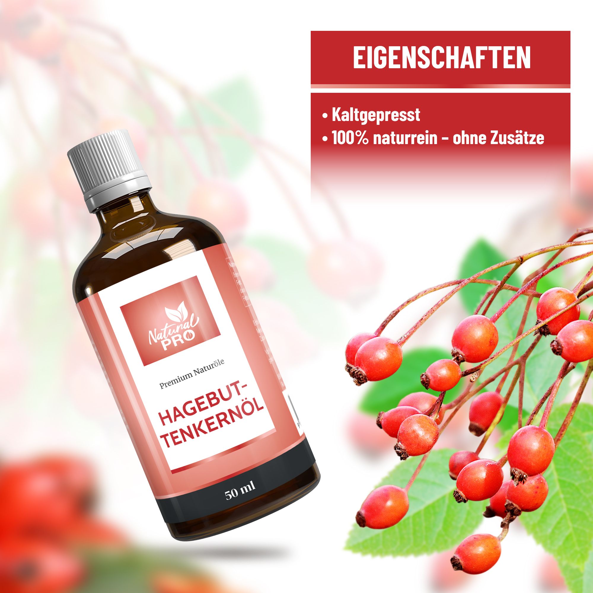 Braune Glasflasche mit weißem Deckel und Etikett. Auf dem Etikett steht "Hagebuttenkernöl" und "50 ml". Daneben Hagebuttenzweig.